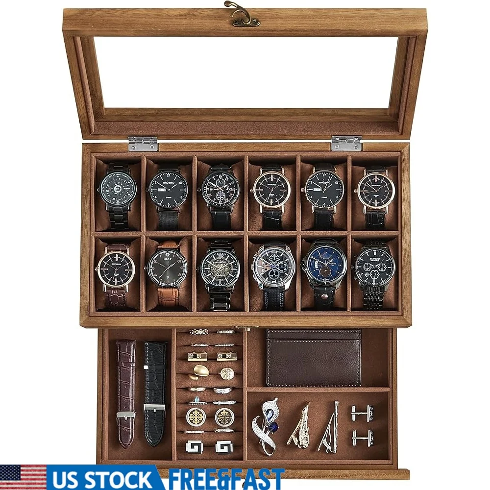 

12 Slot Watch Box 2 Tier Display Case with Glass Lid Velvet Lining Removable Pillows Jewelry Storage Organizer Gift Idea