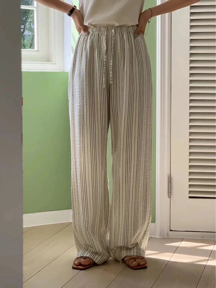 

Women 100% Foamed Cotton Stripes Wide Leg Pants Korean Fashion Elastic Hight Waist Straight Trousers Casual Soft Mopping Pants