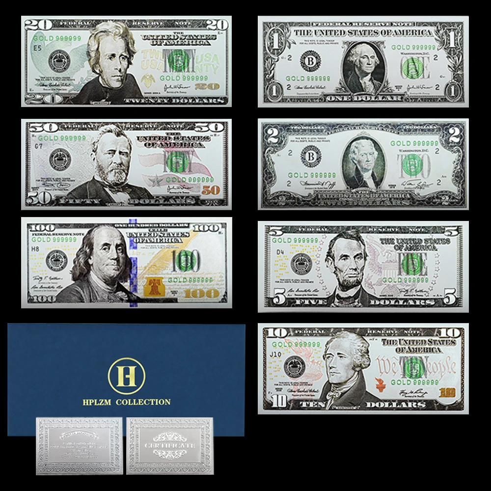 US Dollar Silver Banknotes 1 2 5 10 20 50 100 Bills UNC Notes PET Material Craft Collection American Style 7pcs/set Wholesale