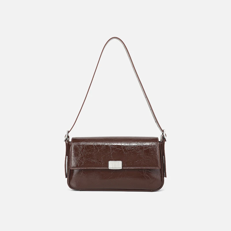 Women Brown Patent Leather Shoulder Bag with Croc Embossed Flap Silver Metal Clasp Vintage Crossbody Handbag
