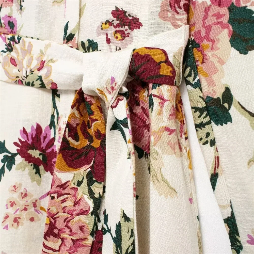 فستان نسائي طويل الأكمام مع حزام ، قميص كتان ، مطبوع ، غير رسمي ، جديد ، ياقة ، خريف ،