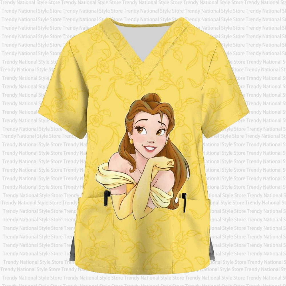Damska bluzka pielęgniarska z nadrukiem, dekolt w serek, krótki rękaw, matowa, motyw Disney Belle Princess, koszulka damska do szpitala, sklepu zoologicznego.