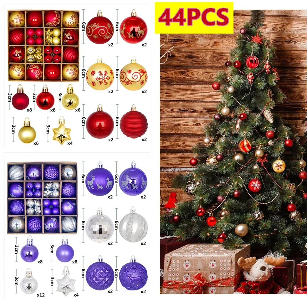 44Pcs Christmas Balls 3-6cm Painted Xmas Tree Ball Ornaments with Hanging Ropes for Christmas Party Decor