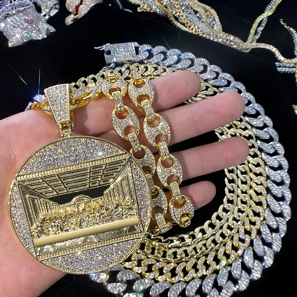 Iced Out Last Supper Shape Pendant Match 13mm Shiny Miami Cuban Link Chain Creative Stylish Hip Hop Style For Men and Women Gift