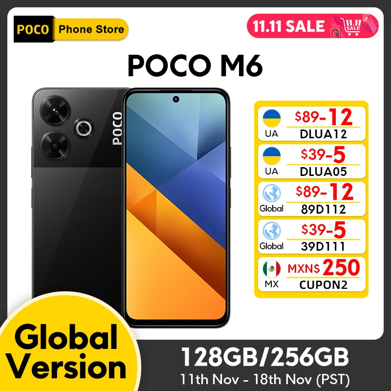 Смартфон POCO M6 Global Version 128 ГБ/256 ГБ MediaTek Helio G91 Ultra 6,79 дюйма, 90 Гц, дисплей, 33 Вт, быстрая зарядка, 5030 мАч, 108 МП, NFC