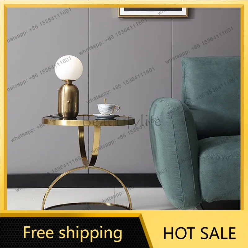 LS modern simple stainless steel gold rounded corners gold-plated tempered glass sofa light luxury leisure coffee table