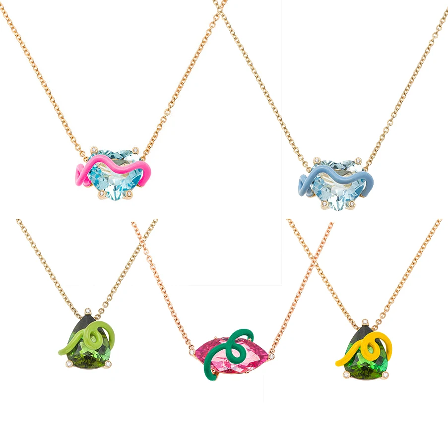 Romantic Enamel CZ Pendant Necklace Sets Geometric Heart Marquise Tear Drop Shape Multicolor Stone Women Fashion Jewelry Party