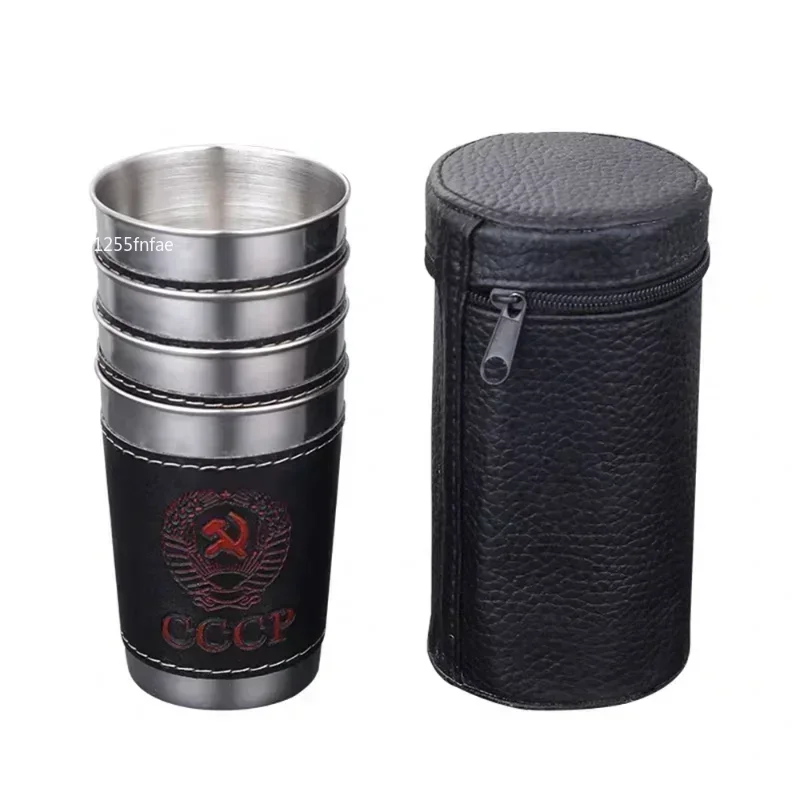 

4pcs Vodka Cup 304 PU Holster Russia Stainless Steel Mini Wine Tumbler Portable Personalized 30ml Shot Glass Set Outdoor Product