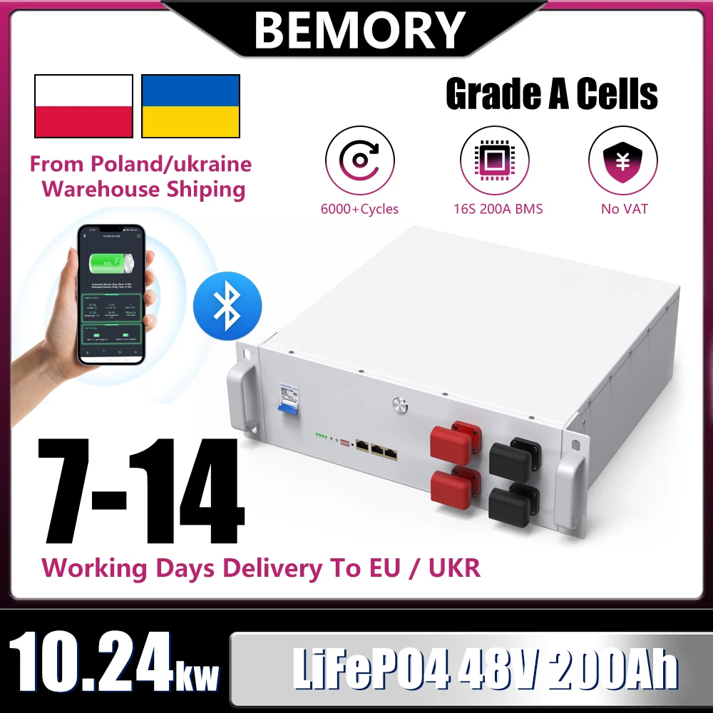 48V 10KW 200Ah LiFePO4 Battery 51.2V 100AH 150AH＞6000 Cycles CAN RS485 Bluetooth 100A BMS -10 year Warranty EU UKR Fast delivery