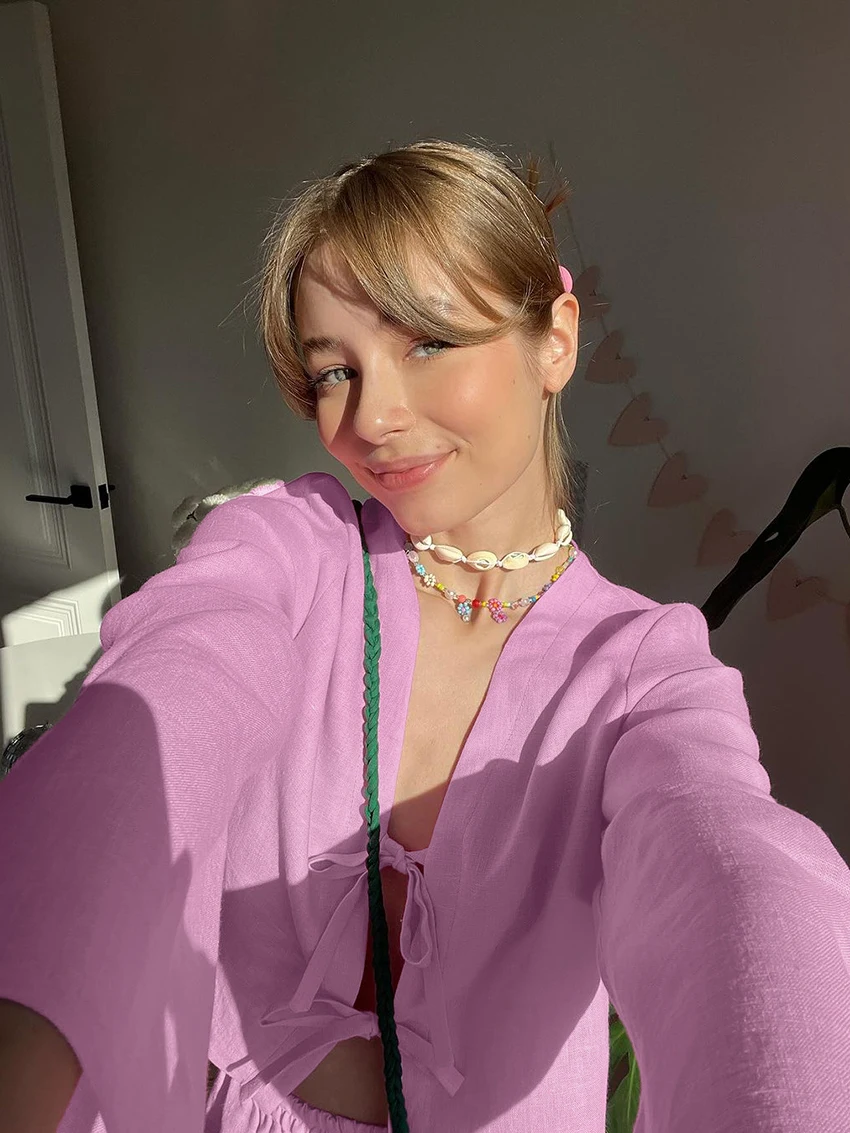 Marthaqiqi Loose Women Nightwear Set V-Neck Pajamas Lace Up Sleepwear Long Sleeve Nightgowns Shorts Casual Nightie 2 Piece Suits