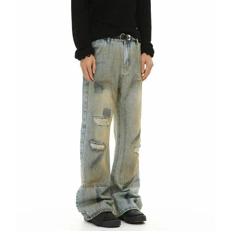 LUZHEN Patched Original Wornout Tie-dyed Hole Design Broken 2026 Straight Jeans Men's Trendy Handsome Street Denim Pants JY9053