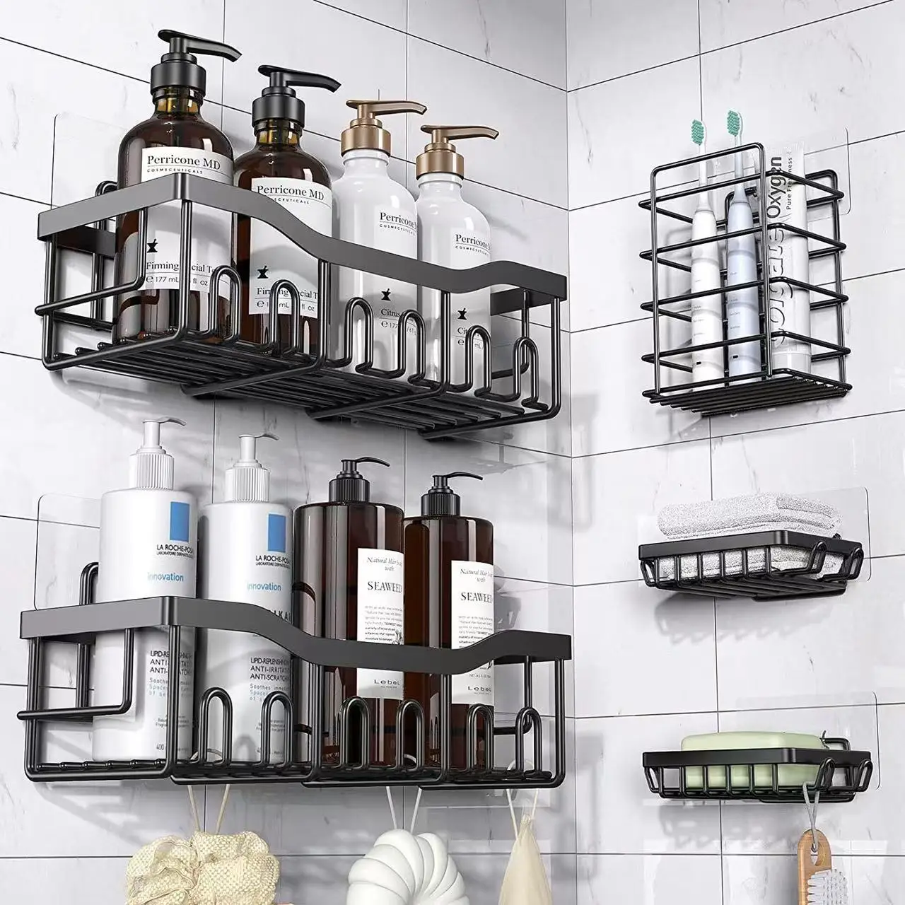 Bathroom Storage Rack Kitchen Organizer Shelf Black Shelves Corner Frame Iron Shower Punch Free Mounted Caddy Rack