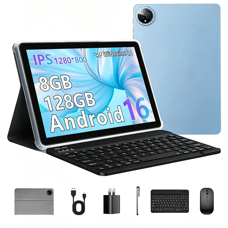 Aobante 10.1 Inch Tablet Android 16 8-Core Tablets 32GB(8+24)+128GB 1TB Expansion WiFi 5 5MP+8MP Keyboard Mouse PC PAD Set