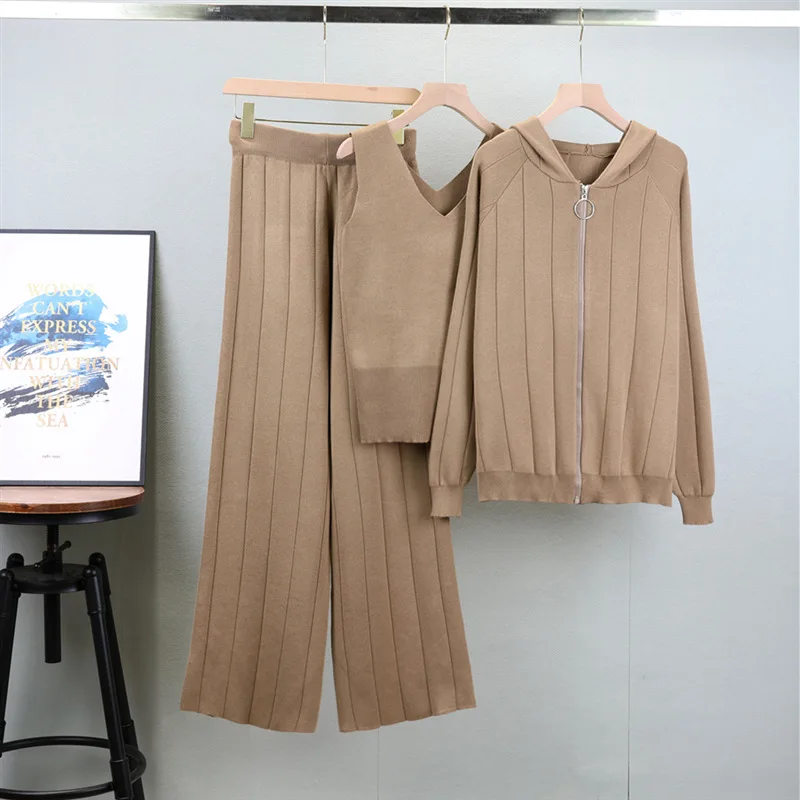 

Модный простой комплект из трех предметов, женский весенне-осенний новый свободный облегающий свитер с капюшоном, куртка, жилет, широкие брюки, костюм Wh1