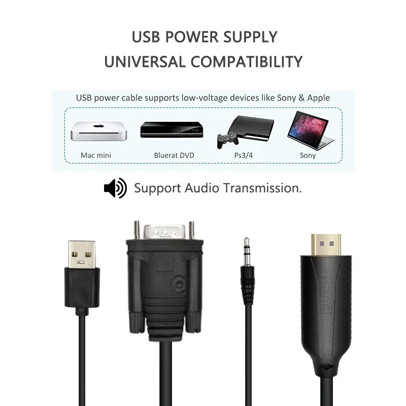 VGA with Audio to HDMI Cable Converter Decoder Adapter 1.8M male to male for Connecting Projector Old PC Laptop to New Monitor