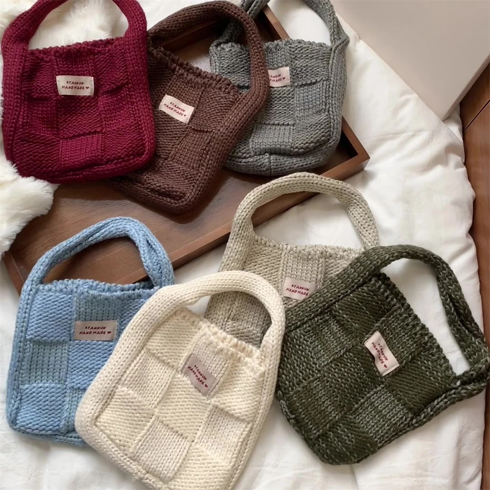 Women's Checkered Knitted Shoulder Bags Woolen Crochet Shopping Handbag Winter Simple South Korea Imitation Cashmere Tote Bag