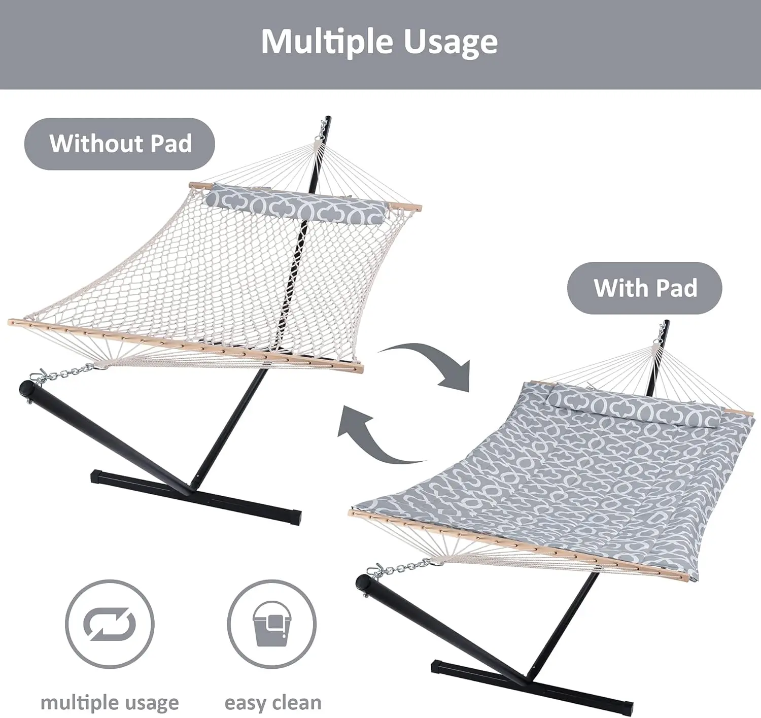 Outdoor Double Hammock with Stand, Two Person Cotton Rope Hammock with Polyester Pad, Circle Pattern