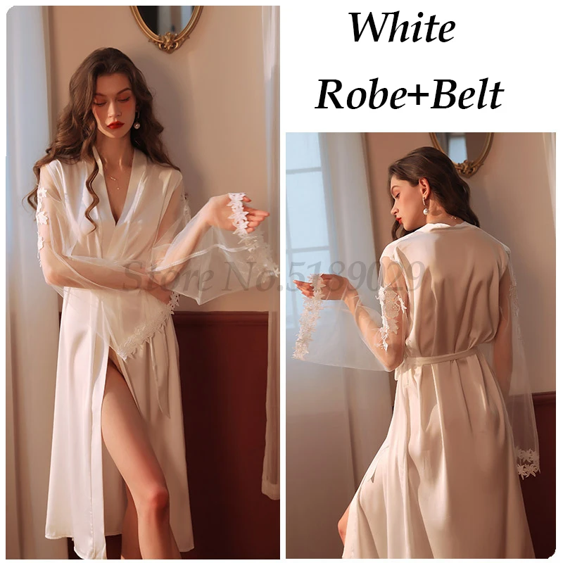 Sexy Sleepwear Bride Bridesmaid Long Robe Nightgown Casual Home Dressing Gown Intimate Lingerie Satin Lace Patchwork Bathrobe