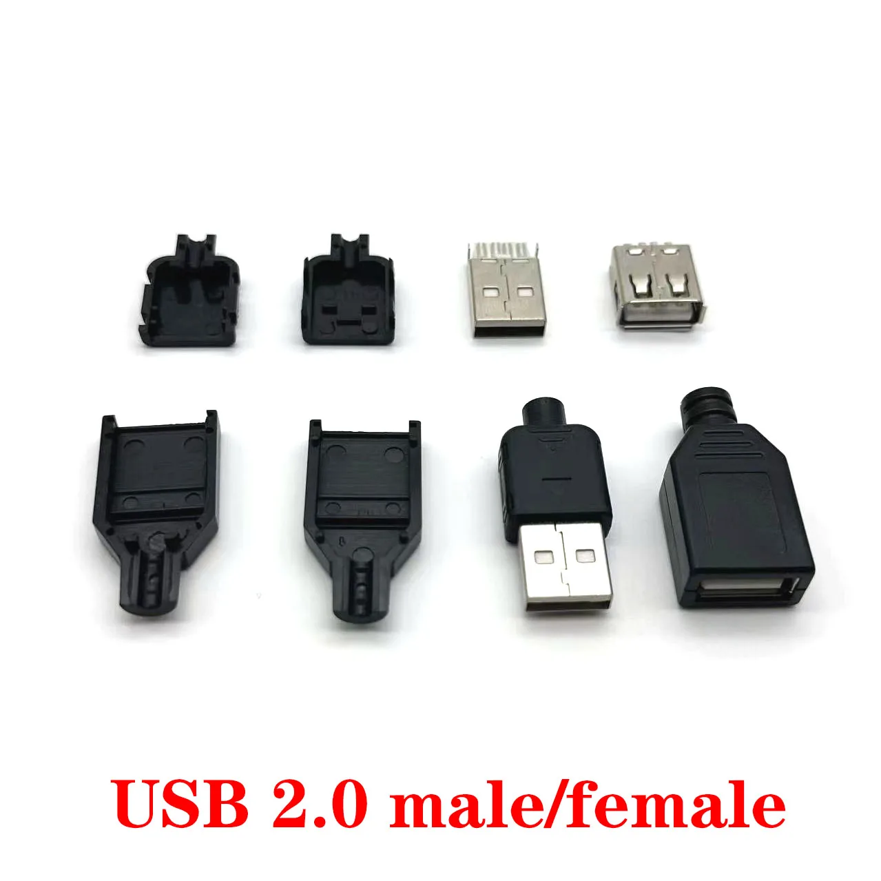 Assembled A-type male and female USB 2.0 socket 4-pin connector plug black plastic cover DIY connector A-type kit