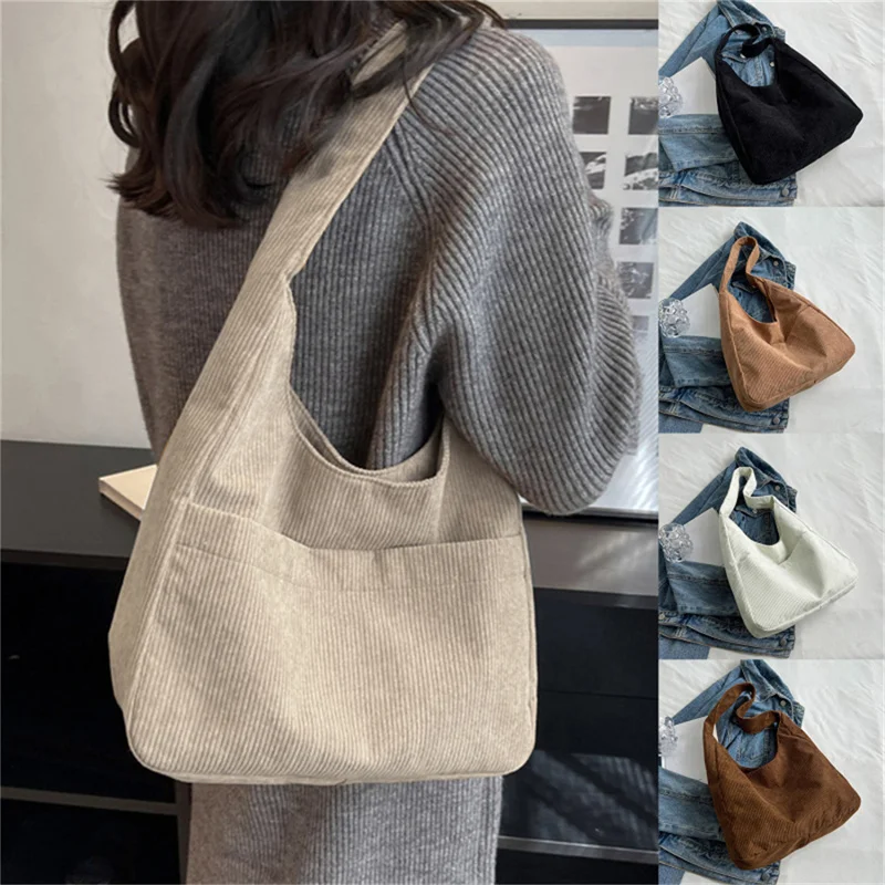 Solid Color Corduroy Canvas Shoulder Tote Bags For Women 2024 Casual Women's Designer Handbag Trend Female Armpit Bag