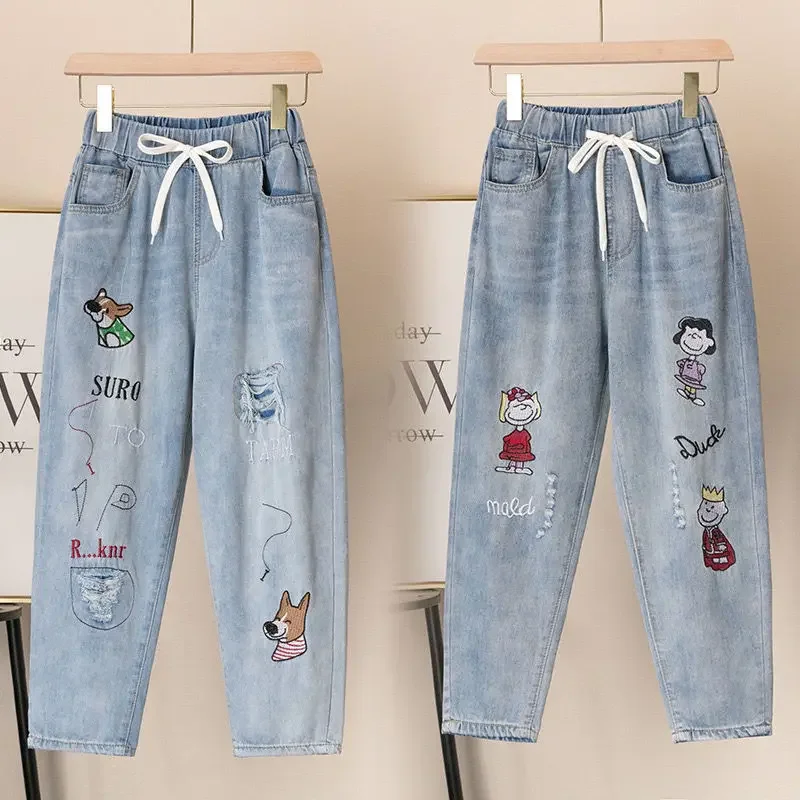 Women Embroidered Ninth Jeans Spring Summer Harem Pants Loose Thin Elastic Waist Leisure Plus Size Retro Free Shipping Wholesale