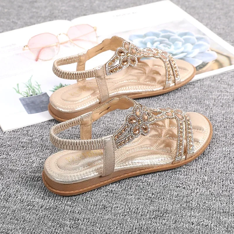 Crystal Women\'s Sandals Gold Silver Weddings Ladies Sandals Flat Summer Shoes Casual Woman Sandalia Feminina zapatos mujer