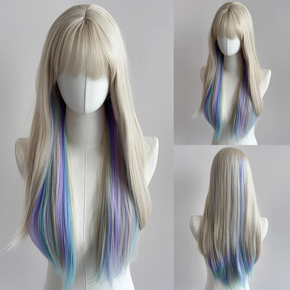 

Synthetic Blonde Blue Purple Colored Highlights Rainbow Wig Fluffy Women Wig with Bangs for Daily Party Cosplay