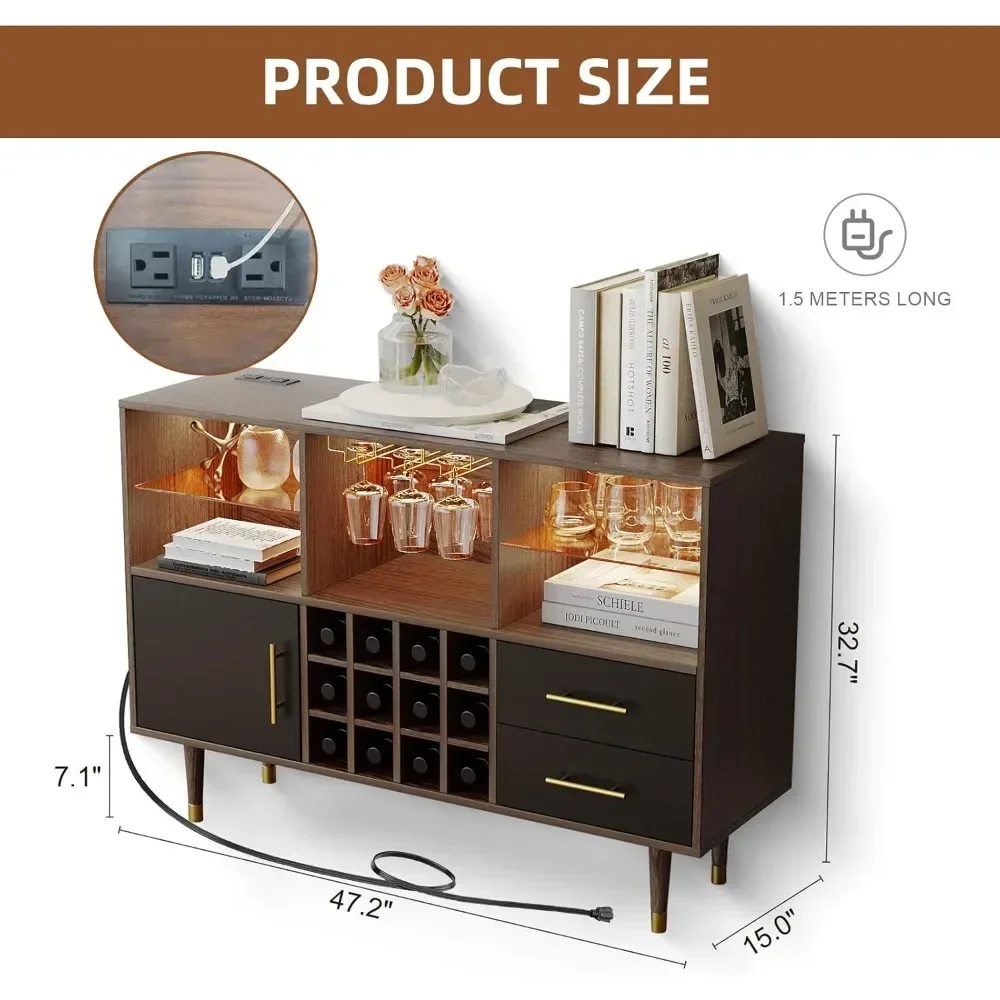 Bar Cabinet,- Modern Cabinet with LED Light Charging Station, Buffet Table, Coffee Bar & Storage for Home Bar