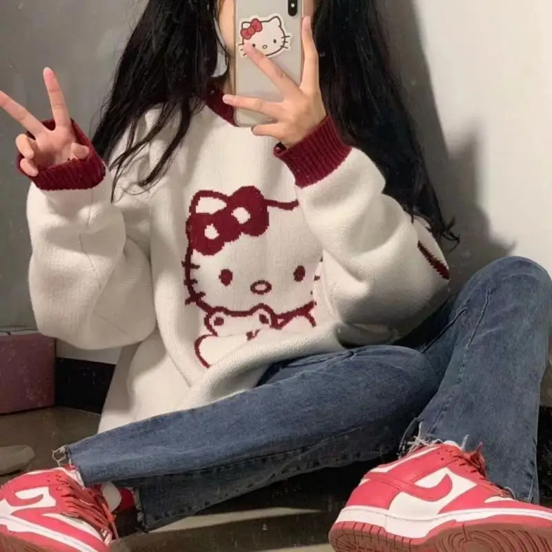 Kawaii Hello Kitty Sweater Anime Sanrioed My Melody Kitty Cat Pullover Sweater Woman Loose Knit Long Sleeve Tops Girls Clothes