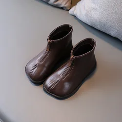 Stivali da bambina in pelle 2024 nuove scarpe per bambini autunno inverno punta quadrata Zip Design moda bambini stivali da bambino