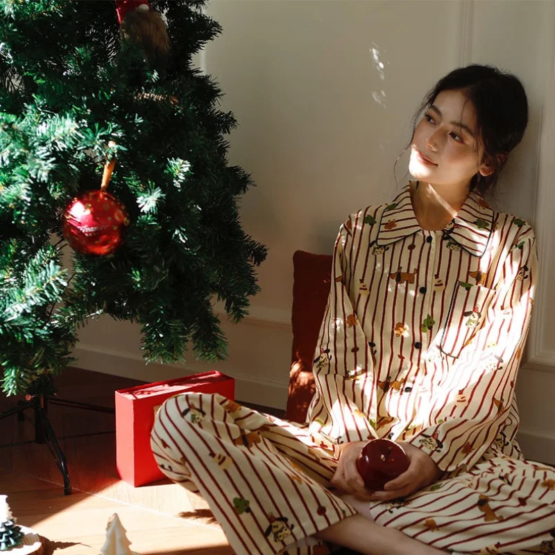 

Women 100% Brushed Cotton Two-Pieces Sleepwear Christmas Printed Turn-Down Collar Cardigan Pajamas Full Sleeves Long Pants PYJS