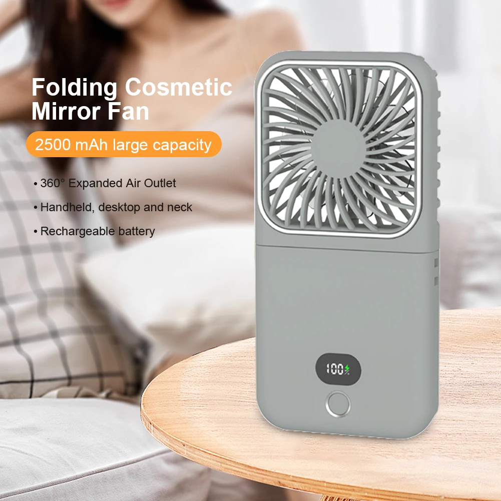 3-in-1 Outdoor Folding Fan with Makeup Mirror Desktop Electric Fan 5 Speeds Foldable Personal Fan Power Bank for Outdoor Travel