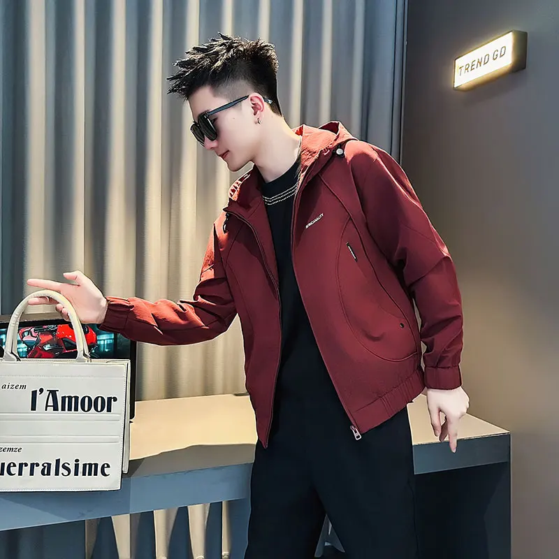 

Мужская приталенная куртка с воротником-стойкой, модная, весенне-осенняя, на молнии, с длинными рукавами, из полиэфирного волокна, верхняя одежда