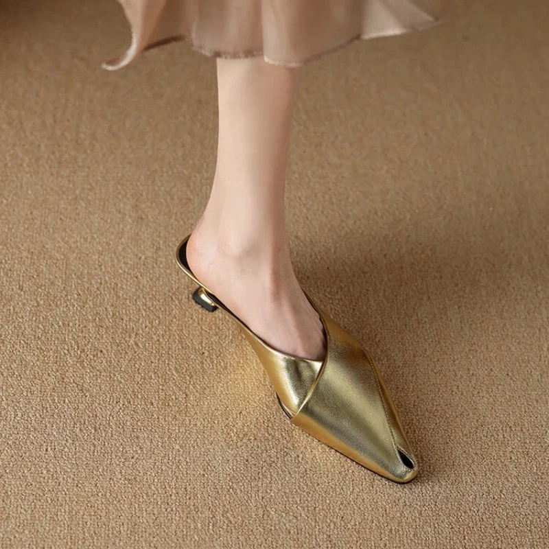 2024 Baotou Half Slippers Female Summer Outside Wearing Pointed High Heels Lazy Silver/golden Stiletto Sandals Female