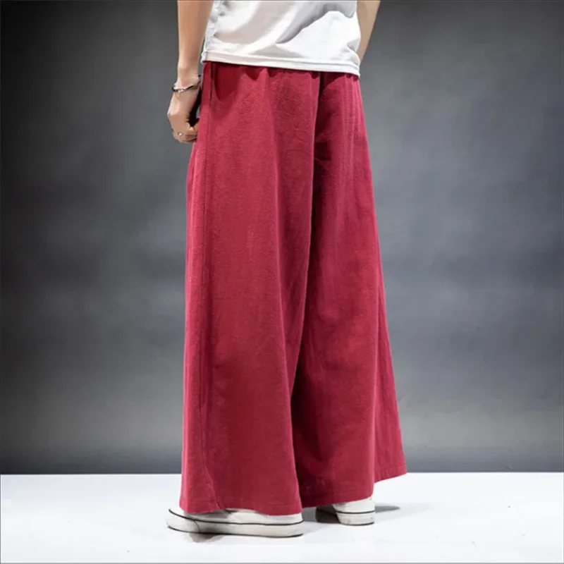 Japan style men\'s cotton linen wide leg pants,plus size ML-7XL Vintage casual Elastic Waist Pockets Joggers Retro Loose Trousers