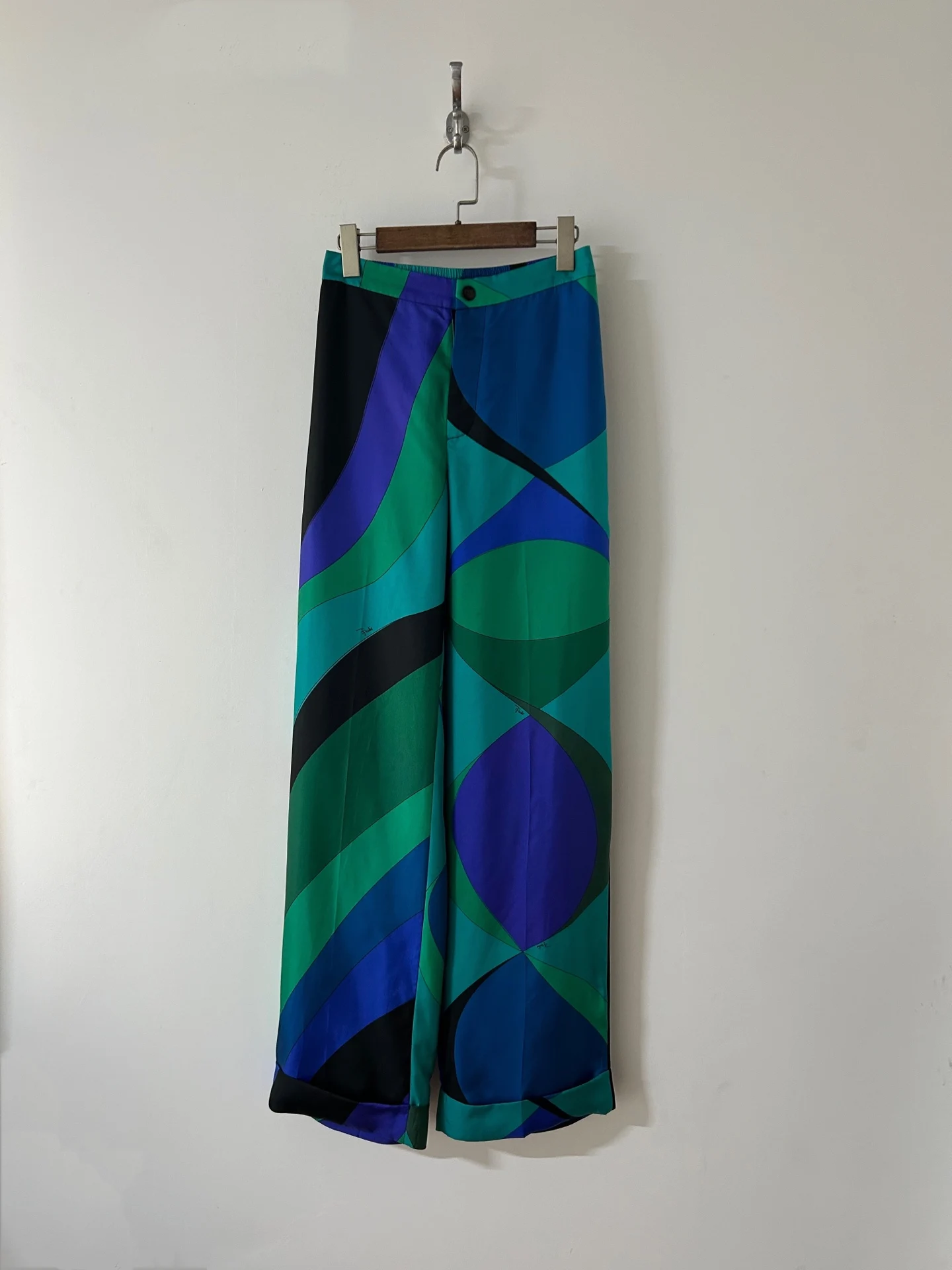 2026 New Adjustable Elastic Waist Printed Silk Long Pants 100% Silk Twill Wide Pants