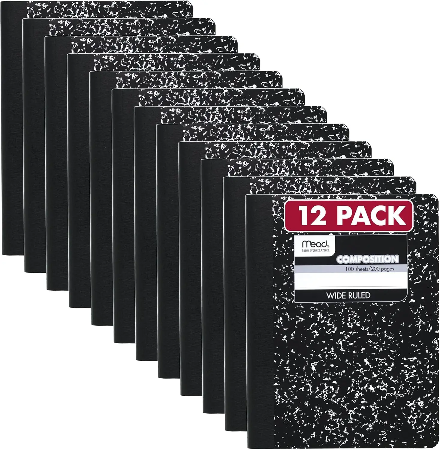12 Pack Wide Ruled Composition Notebooks, 7.5x9.75 Inches, 100 Sheets Each, Black Marble Design