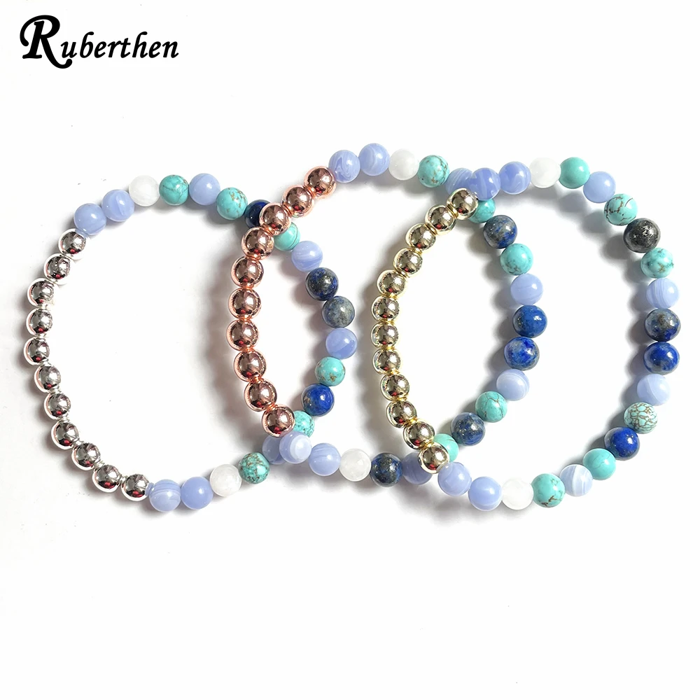 Ruberthen New Design 6 MM Blue Lace Agate Hubei Turquoise Lapis Lazuli Bracelet Crown High Quality Handmade Yoga Wrist Mala