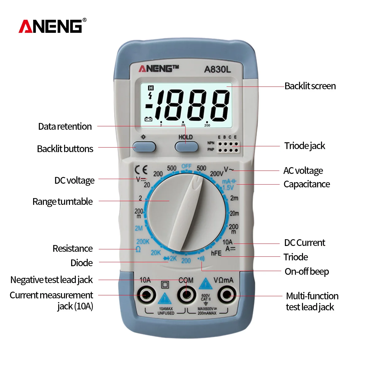 ANENG A830L multimetro digitale intelligente professionale elettronico 1999 conteggi gamma accurata Tester di corrente di tensione AC/DC misuratore