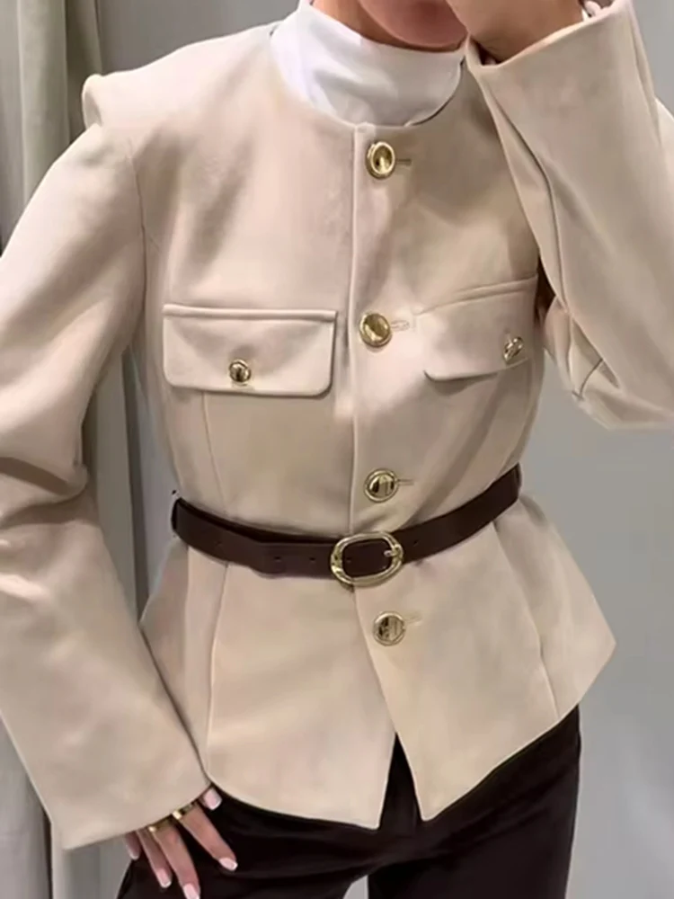 

Casual Jacket Women Fashion Elegant With Belt Single Breasted Pocket Coat Office Lady Solid Long Sleeve Outwears 2025 New Autumn