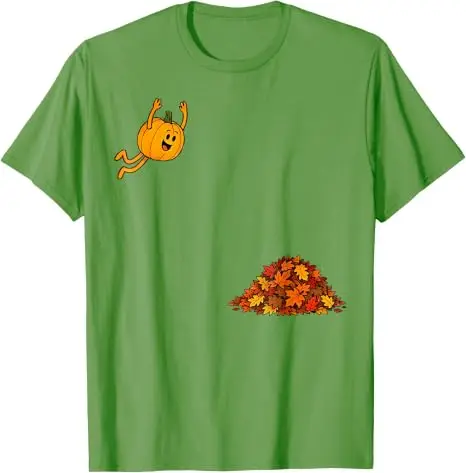 Lustiges T-Shirt mit Kürbis, der in Blätter springt, niedliches Herbstblätter-T-Shirt, Y2k-Humor, Halloween-Kostüm, Neuheitsgeschenk, Grafik-Spruch-T-Shirt – Detail 9