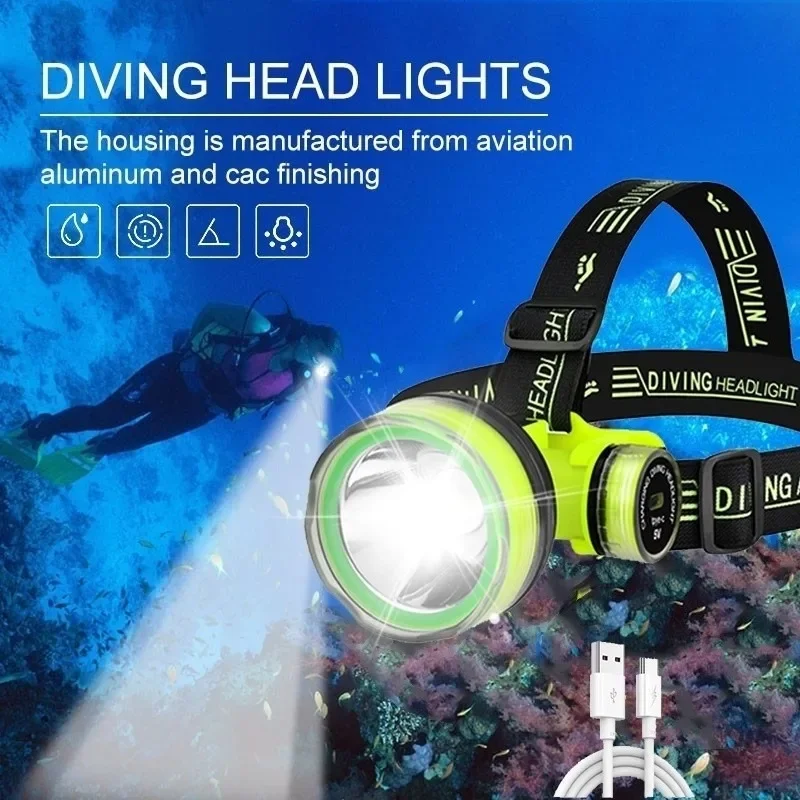 

Diving Powerful Headlamp Outdoor Adventure Underwater Work Headlight USB Rechargeable 2 Light Modes Portable Camping Flashlight