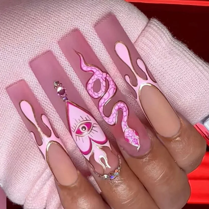 24pcs long ballet pink shiny heartbreaking diamond wear fake nails full gradient press on nail art deco detachable nails false