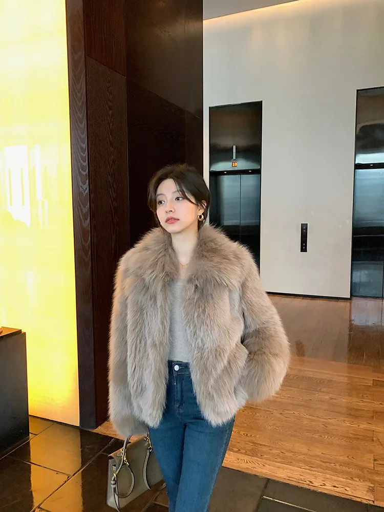 Women Faux Fox Fur Coats Solid Short Jackets Long Sleeves Turn Down Collar Open Stitch Loose Elegant Casual 2026 Autumn Winter