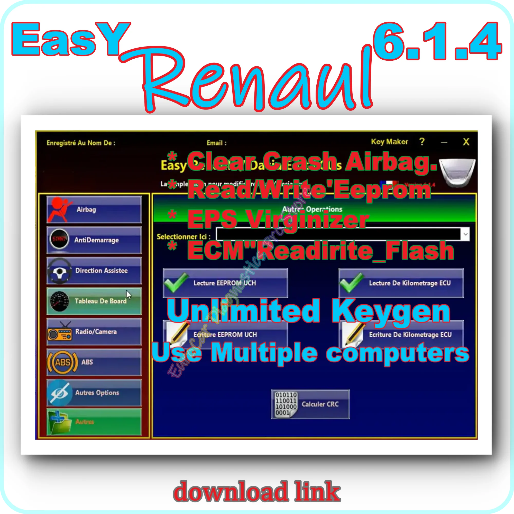 

Программное обеспечение Easy Ren/ault 6.1.4 для ECU Renaul, программатор Clear Crash, подушка безопасности, ключи для карт, очиститель UCH, РАБОТА с OBDLink Renolink