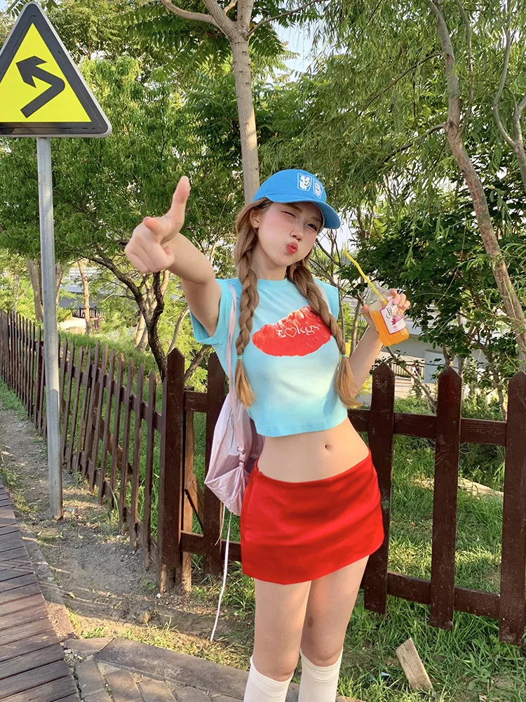 Mint Wave Fruit oulder ort Sve T-irt Women Summer American Hot Girl Slim Fit ort Tight Beautiful Small Top