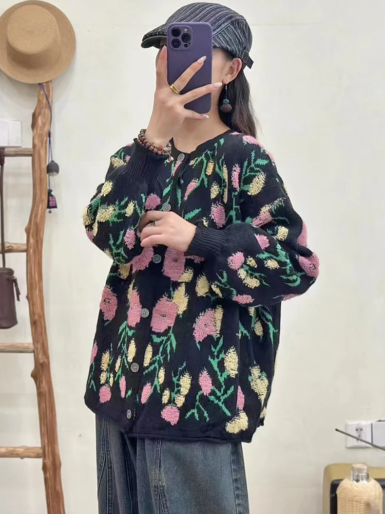 Max LuLu Fall Korean Floral Cardigans Womens Fashion Loose Printed Sweater Ladies Classic Casual Luxury Big Size O Neck Knitwear