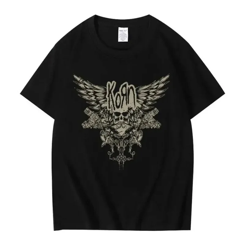 Asas de caveira Korn verão feminino e masculino camiseta preta, banda de rock gótico de metal camisetas, tops de algodão vintage plus size, 2023