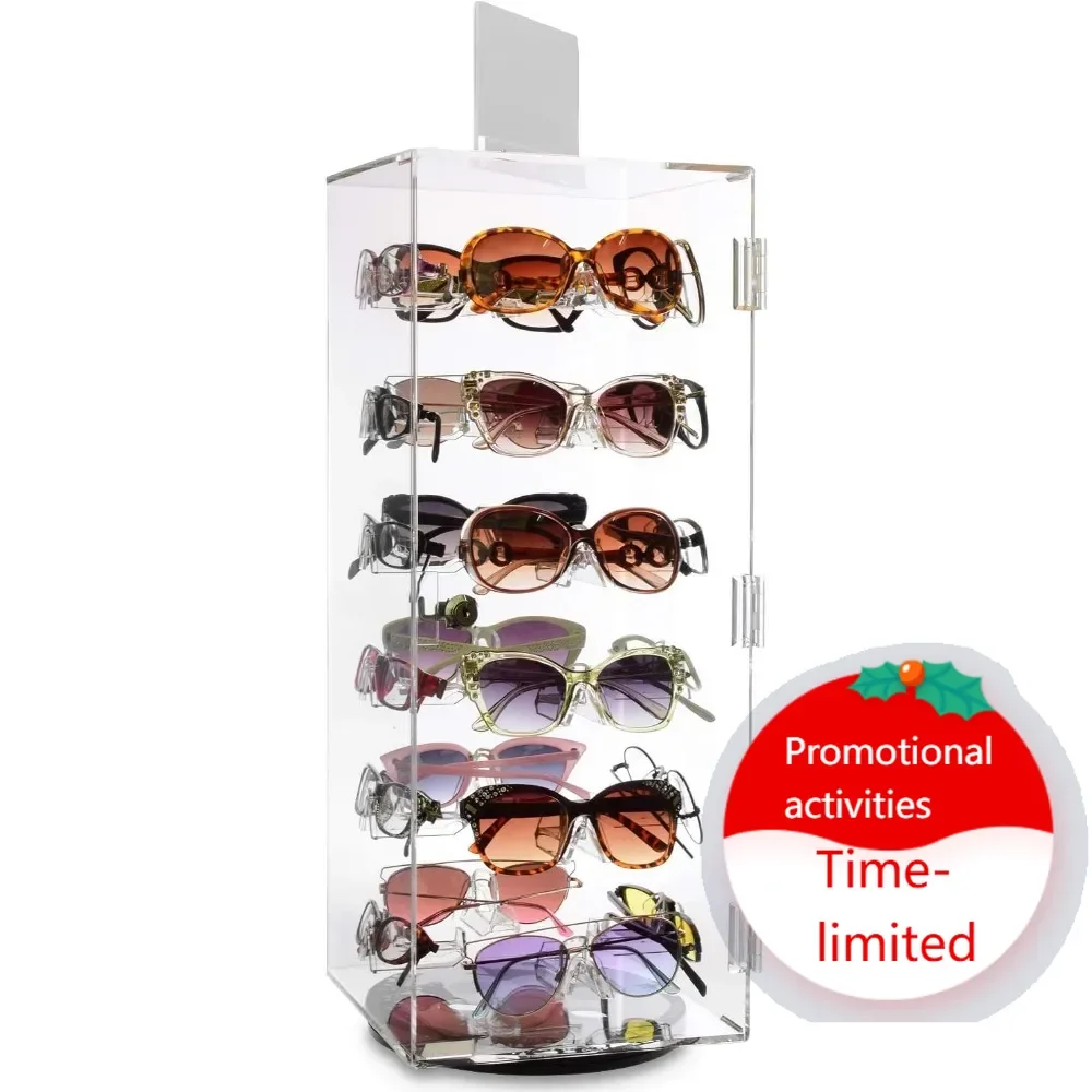 

acrylic lockable rotating sunglass display case, acrylic sunglasses organizer, eyewear display stand, eyeglass case, eyeglass c