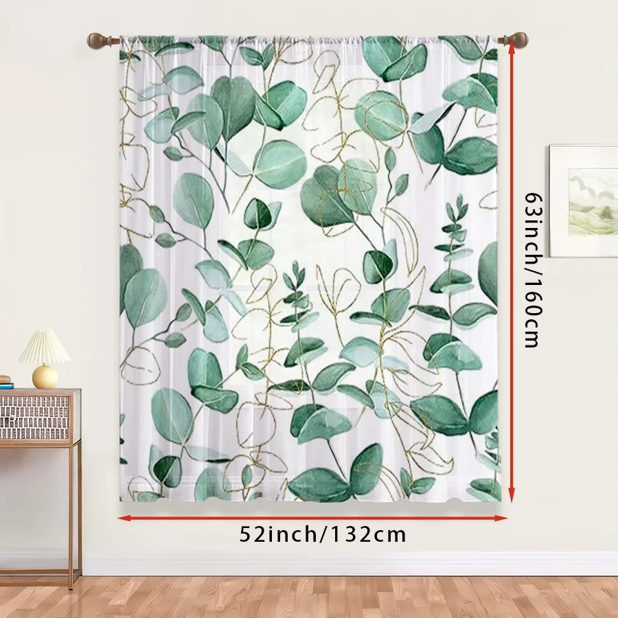 1PC Sheer Curtain Eucalyptus Leaf Golden Line Print, Rod Pocket Window Curtain for Living Room Luxury Home Decor